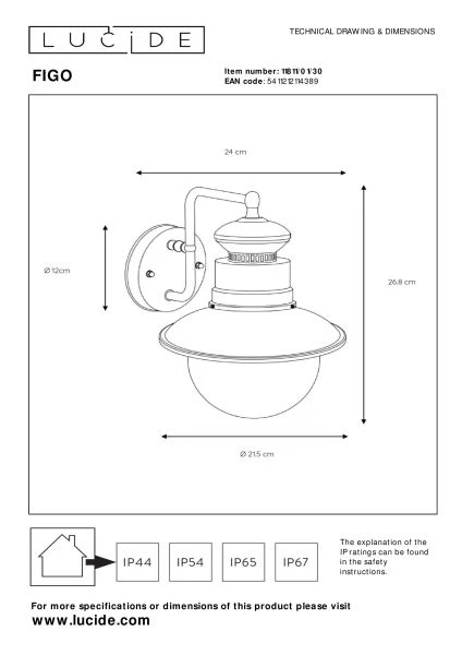 Lucide FIGO - Wandlamp Binnen/Buiten - Ø 21,5 cm - 1xE27 - IP44 - Zwart - technisch